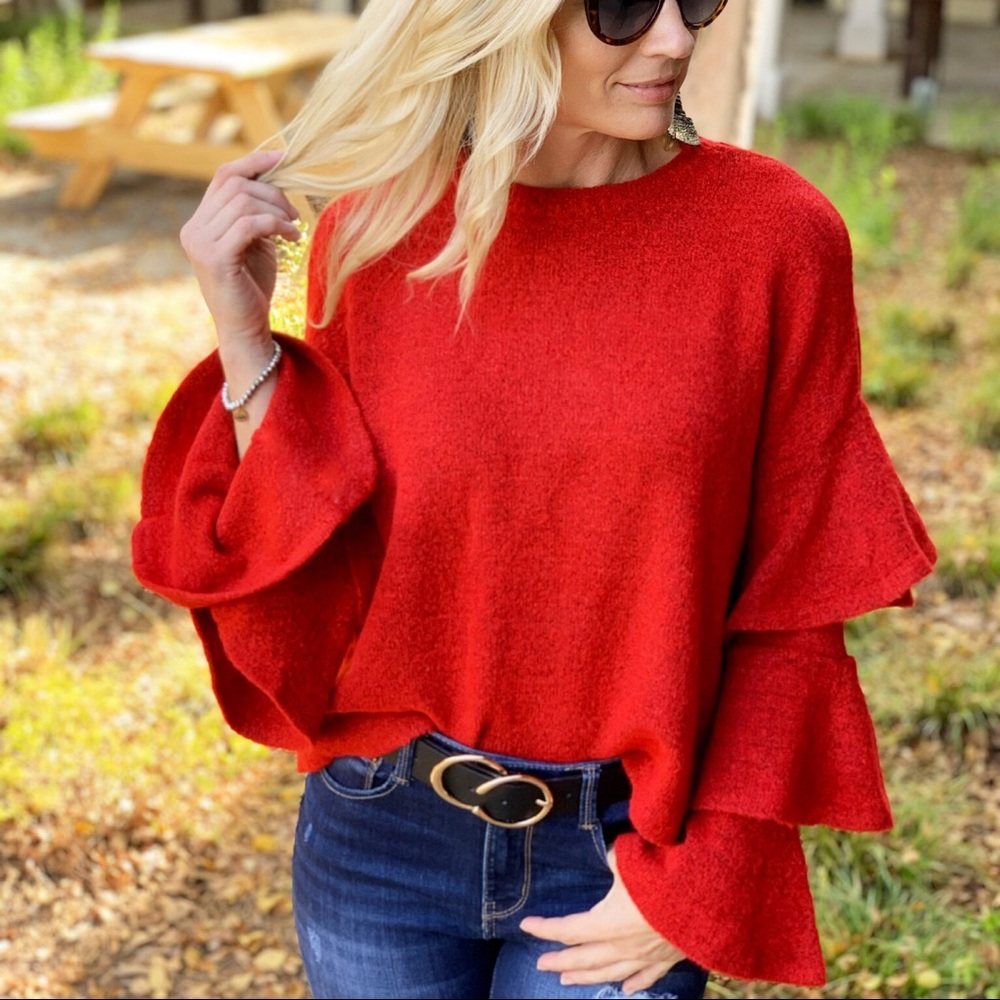 Red tiered sleeve soft knit top